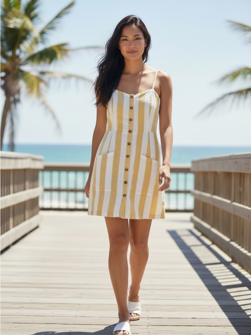 Yellow and White Striped Button-Front Sundress Coastal Beach Mini Dress